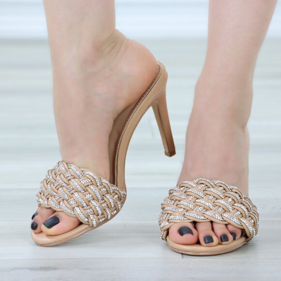 Open Toe High Heel Sandals Nude Braided Rhinestone Band Heeled Mule - Picture 7 of 10